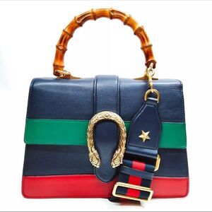 Auth Gucci Blue Green Leather Dionysus Bamboo Top Handle Satchel Handbag
